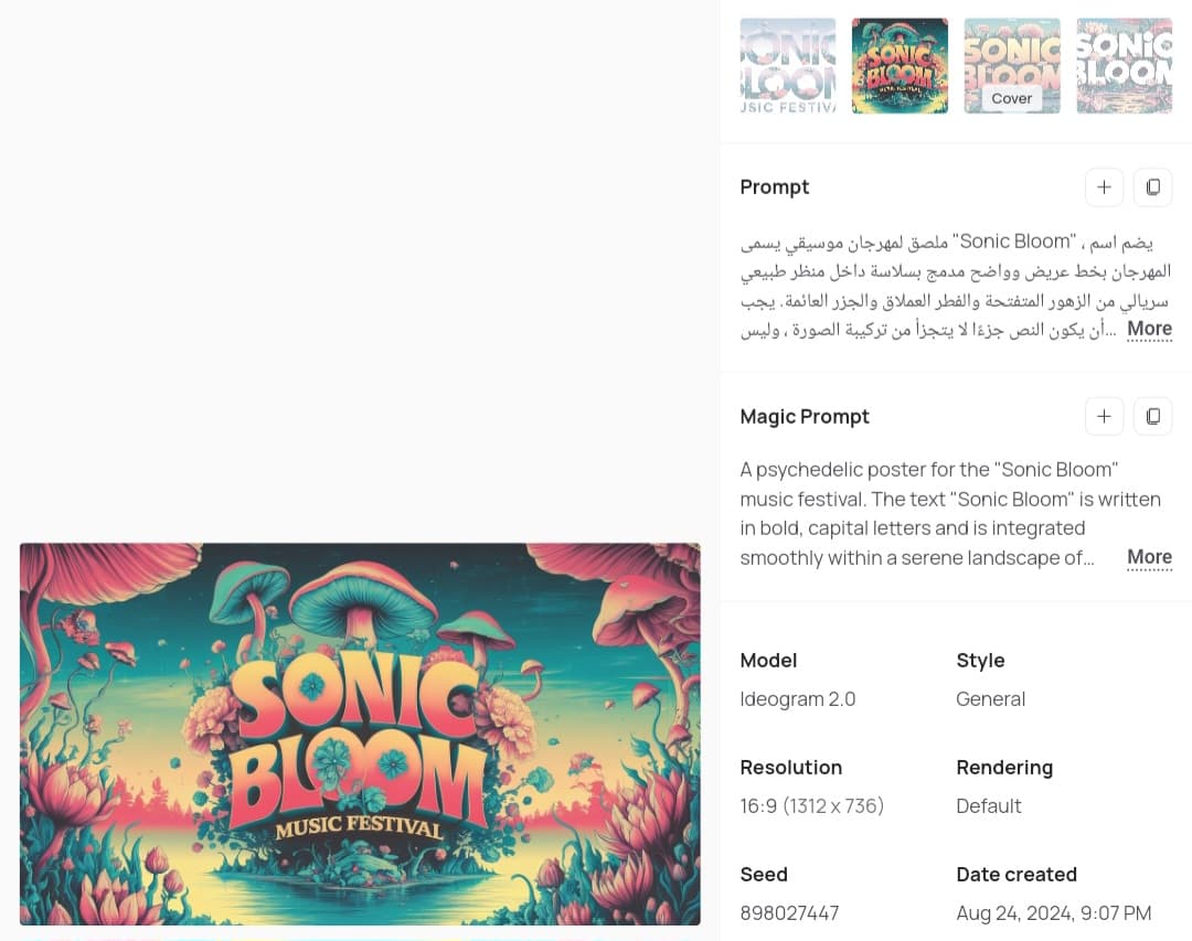 قدرات Ideogram 2.0 لتوليد النصوص داخل الصور إنشاء صورة إعلانية لمهرجان موسيقي باستخدام Ideogram 2.0، حيث أثبت قدرته على توليد الكلمات داخل الصورة بكفاءة تامة