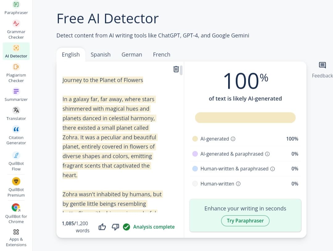 QuillBot AI Content Detector - مثال عملي على الكشف عن محتوى الذكاء الاصطناعي الكشف عن الذكاء الاصطناعي: لقطة شاشة لنتيجة فحص محتوى تم إنشاؤه بواسطة GPT-4 باستخدام أداة QuillBot.