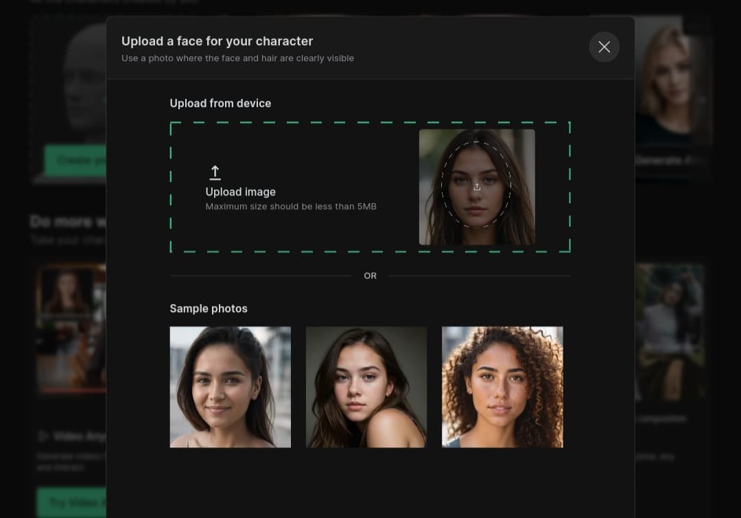 Upload your photo رفع الصورة الشخصية الخاصة بالمستخدم لبدء عملية تحويلها إلى شخصيات بالذكاء الاصطناعي