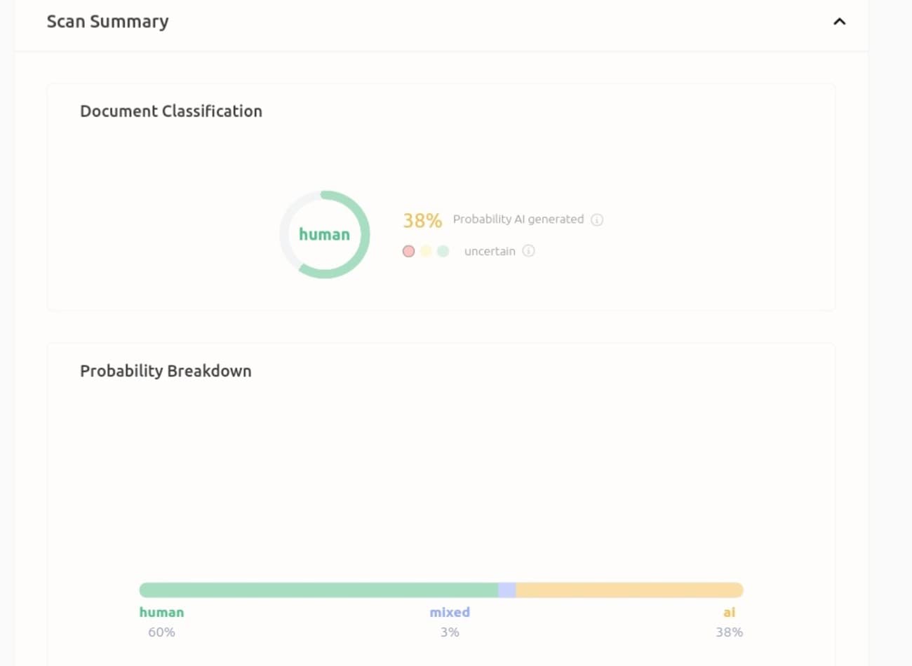 نتيجة فحص محتوى AI باستخدام GPTZero كاشف محتوى AI: لقطة شاشة تُظهر نتيجة فحص محتوى تم إجراؤه باستخدام أداة GPTZero.
