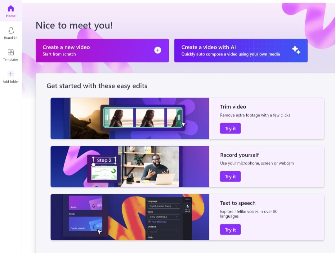 واجهة الأدوات في Clipchamp واجهة أدوات التحرير في Clipchamp لإدارة المقاطع