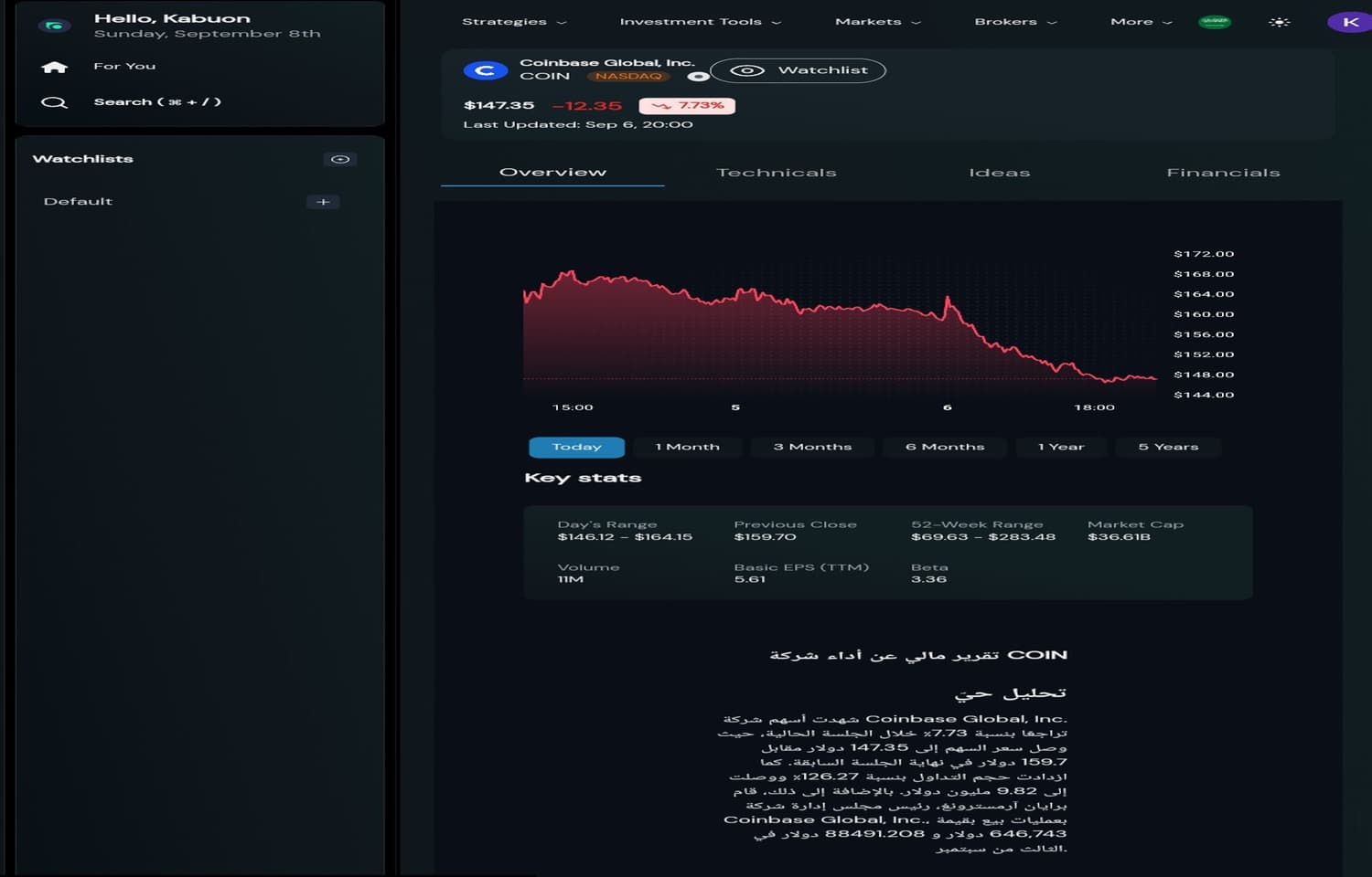 التحليل الفني بالذكاء الاصطناعي لأحد الاسهم باللغة العربية باستخدام hoopsai.com.