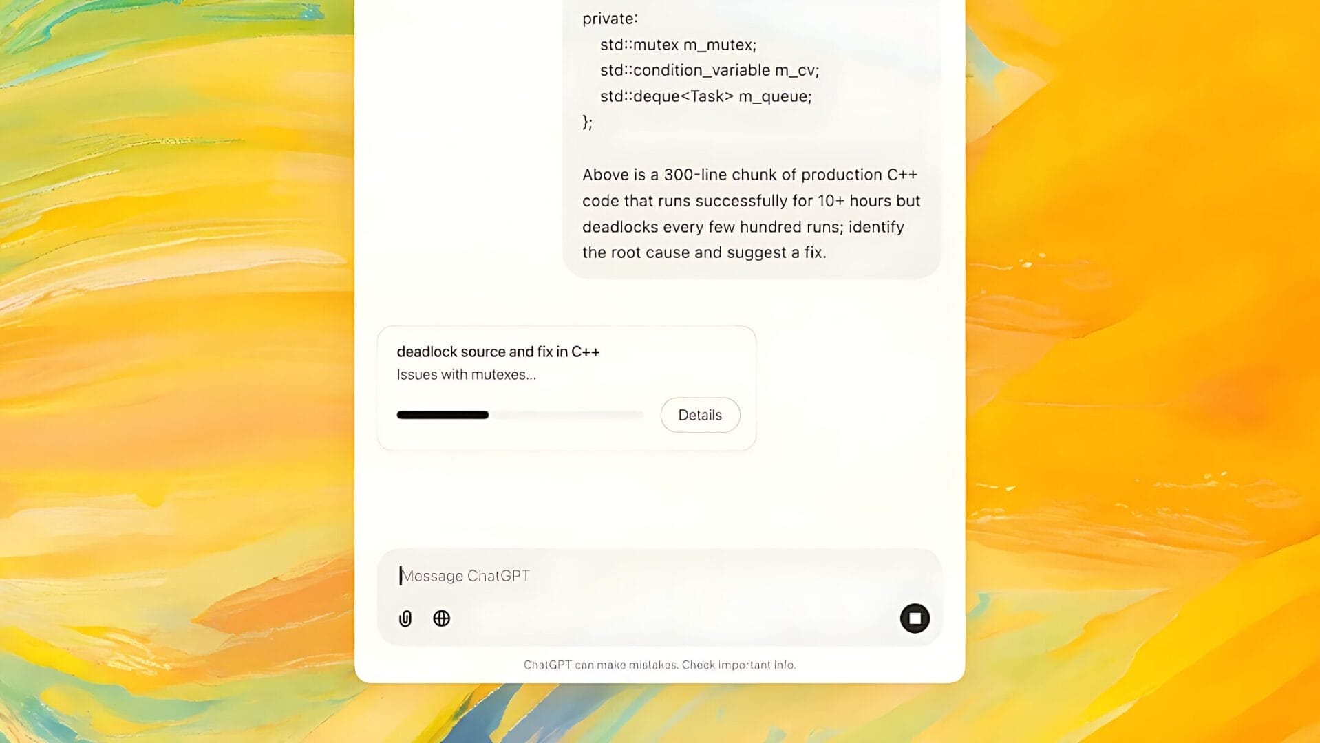 تفعيل وضع ChatGPT Pro المتقدم لقطة شاشة تُظهر واجهة مستخدم ChatGPT Pro مع شريط تقدم يُشير إلى معالجة استجابة معقدة، مما يُبيّن سهولة تفعيل الوضع المتقدم وإشعارات التنقل بين المحادثات.