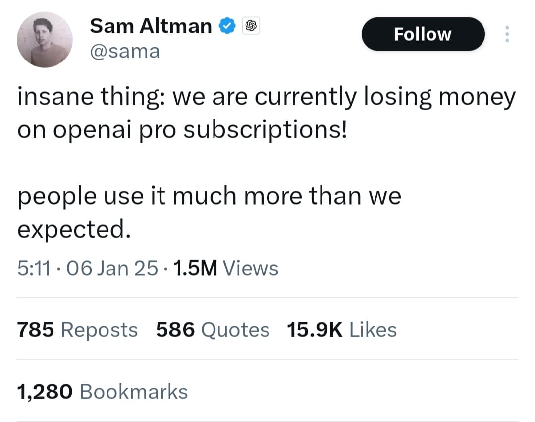 تغريدة سام ألتمان عبر حسابه في X لقطة شاشة من منشور سام ألتمان عن خسارة OpenAI للأموال من اشتراكات ChatGPT Pro