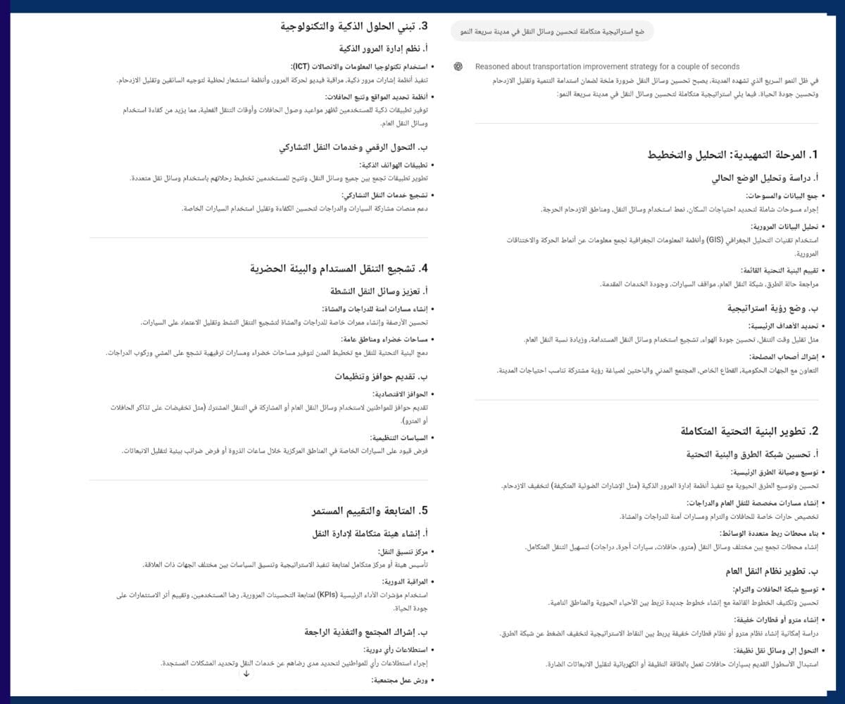 نموذج o3-mini يضع استراتيجية لتحسين النقل في المدن الكبرى قدرات ChatGPT o3-mini في التخطيط، حيث يقترح حلولًا لتحسين البنية التحتية للنقل الحضري
