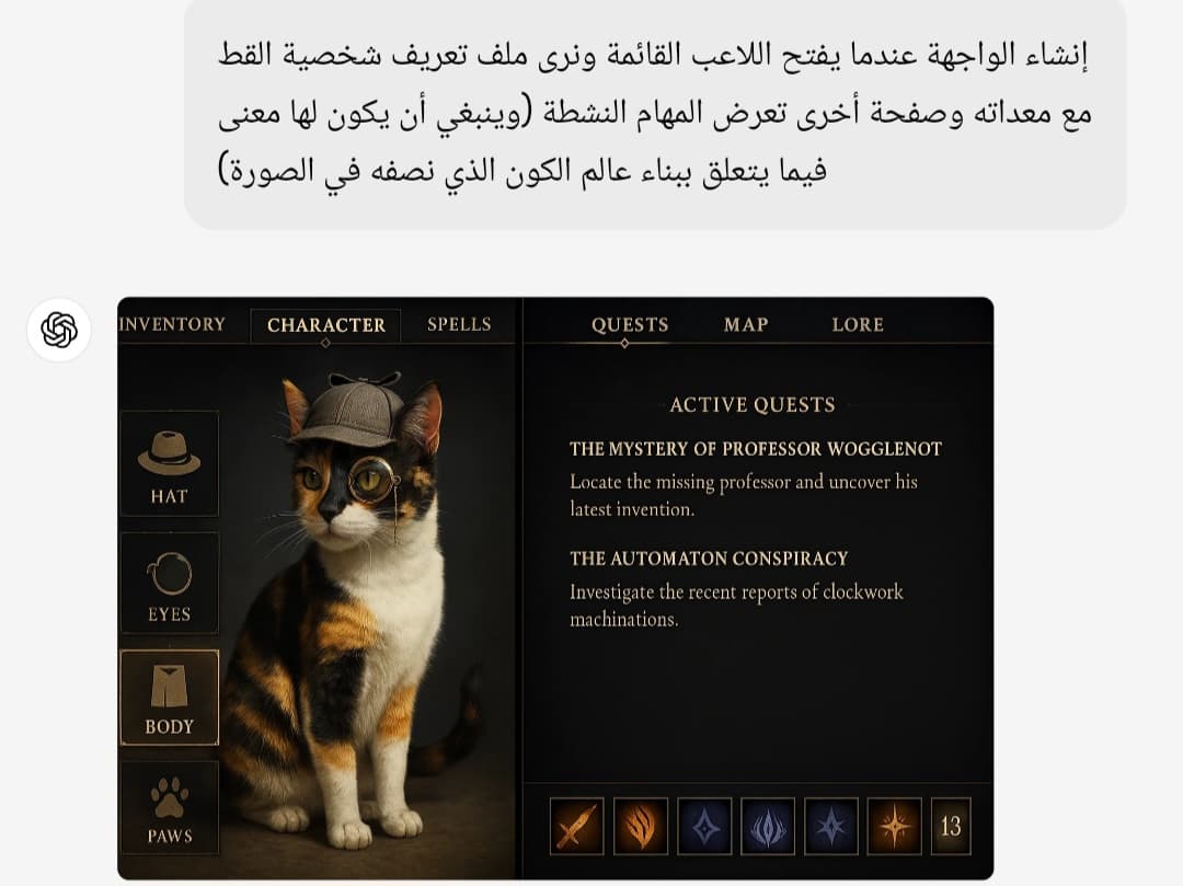 إنشاء ملف تعريف للقطة داخل اللعبة باستخدام GPT-4o