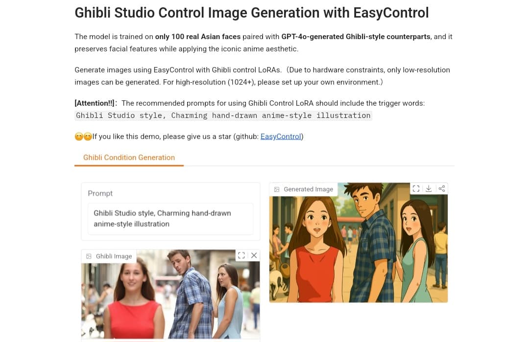 EasyControl model interface on Hugging Face EasyControl model interface on Hugging Face, showcasing a converted Ghibli-style image.