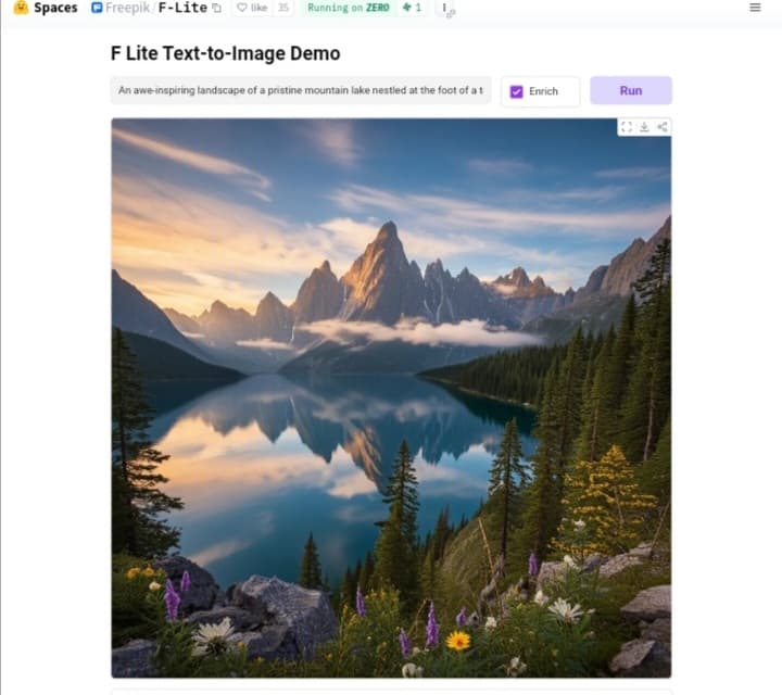F-Lite image generation demo by Freepik on HuggingFace, showing an example of a natural scene created from a text prompt.