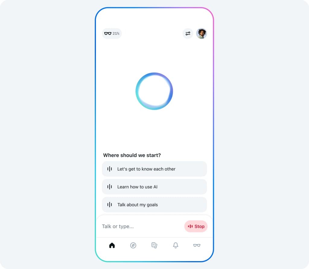 Meta AI App Start Screen Screenshot of the Meta AI app start screen showing voice and text interaction options, chat suggestions, Meta AI logo, and Ray-Ban glasses connection.