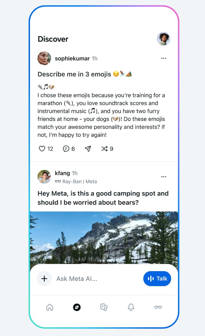 Screenshot of the Discover section in Meta AI, showing user prompts and interactions with the smart assistant.