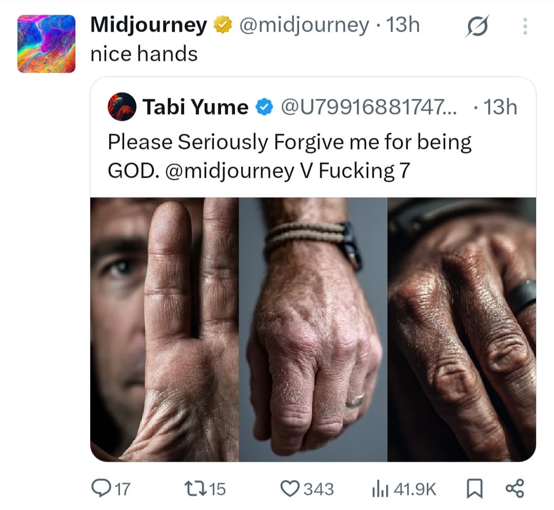 Accurate rendering of hand details in Midjourney V7 Screenshot from X showing three images of realistic human hands generated by the Midjourney V7 AI
