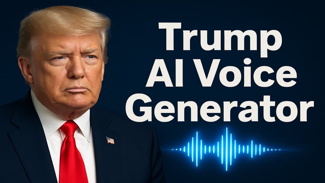 "صورة دونالد ترامب مع النص الإنجليزي 'Trump AI Voice Generator' ورسم لموجة صوتية.
