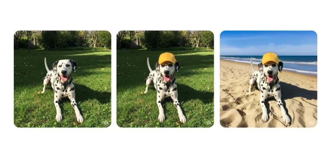 Illustrative example of Gemini's advanced image editing capabilities Illustrative example of Gemini's advanced ability to edit a dog's photo by adding a yellow hat cover on its head